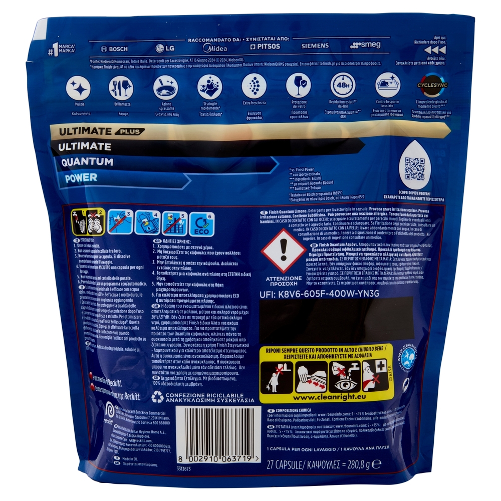 Finish Quantum All In One Lemon pastiglie lavastoviglie 27 lavaggi 280,8 g